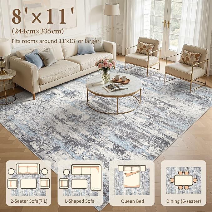 Area Rugs for Living Room: 8x11 Abstract Washable Rug Modern Neutral Large Soft Stain Resistant Non-Slip Backing Machine Table for Bedroom Dining Room Indoor Home Office Carpet - Blue Grey