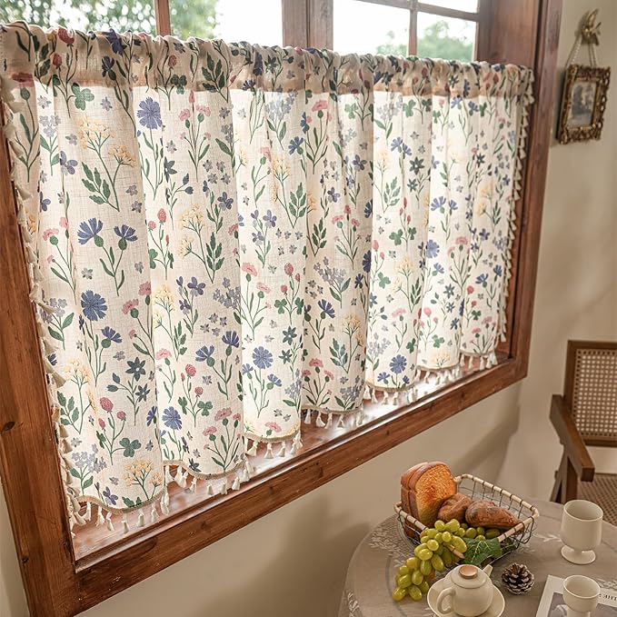 Deeprove Boho Valance Curtain 18 Inch with Tassels Cute Floral Herb Print Kitchen Window Sheer Short for Living Room Cafe Closet Farmhouse Chic Vintage Country Style Drape Decor 1 Panel 52W x 18L