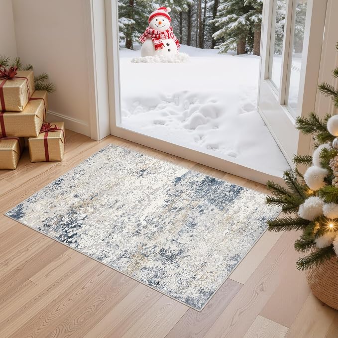 DMOYEST 2x3 Entryway Area Rug: Washable Neutral Modern Abstract Small Rug - Non-Slip Low Pile Throw Indoor Carpet for Entrance Kitchen Front Door Mat Bathroom Entry Kids Room - Beige Blue