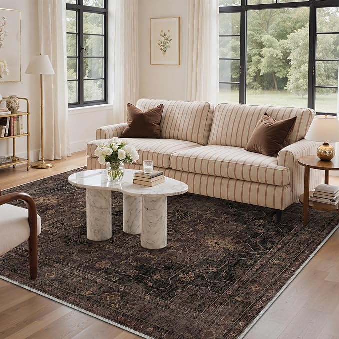 GENIMO 4x6 Area Rugs for Living Room, Machine Washable Rug, Non Slip Indoor Vintage Rug, Low Pile Lightweight Chenille Print Carpet for Bedroom Dining Room Home Office, Charcoal Brown