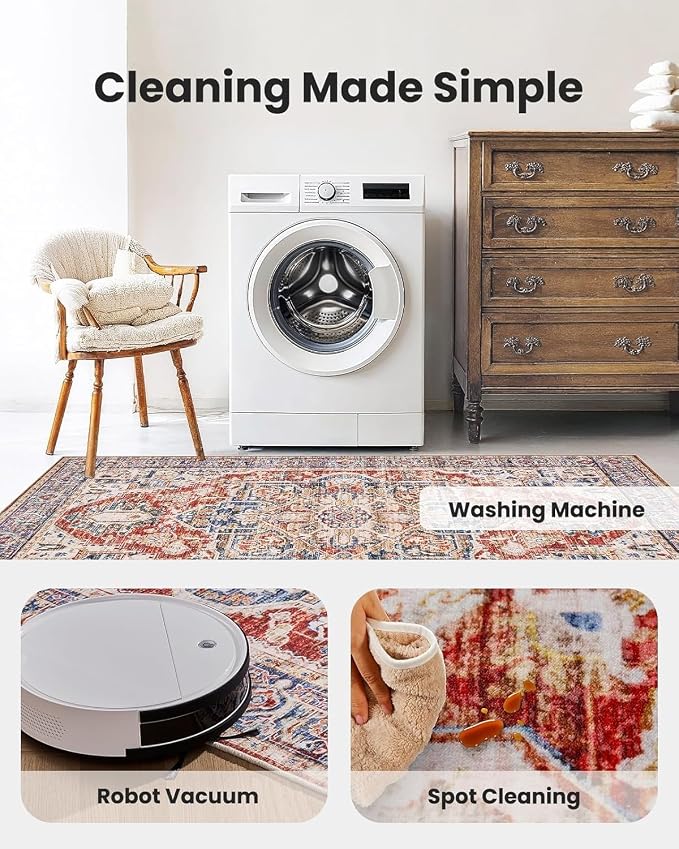 AMADA HOMEFURNISHING 9x12 Washable Area Rug, Low-Profile Large Area Rug with Non-Slip Backing & Durable Edge Binding, Vintage Large Rugs for Living Room, Bedroom & Dinning Room