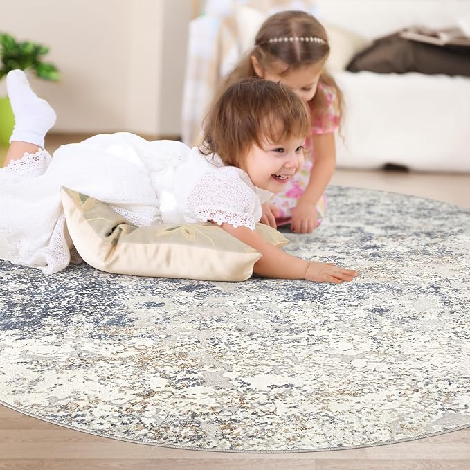 DMOYEST 4ft Round Area Rug Living Room Rugs - 4x4 Washable Large Soft Indoor Neutral Modern Abstract Low Pile Rug Carpet for Bedroom Dining Room Farmhouse Home Office - Beige Blue