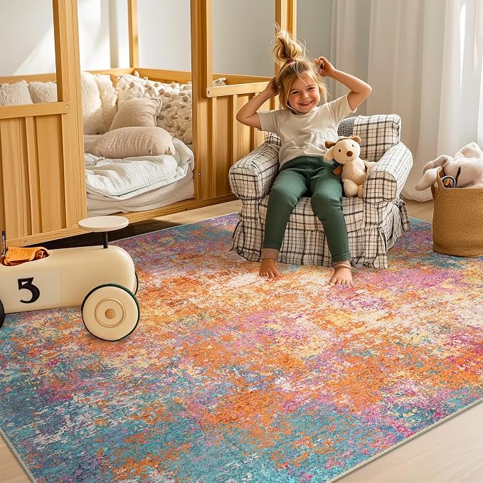 RELEANY Washable Area Rugs 8'x10' Non-Slip Modern Abstract Soft for Living Room Entryway Bedroom Kitchen, Print Pattern, Orange Blue Pink Yellow Colorful