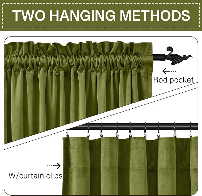 StangH Olive Green Velvet Curtains Elegant Thermal Insulated Light Blocking Drapes for Office, Heavy Soft Curtains for Bedroom, Rich Earthy Tone Christmas Decor, W52 x L92, 2 Panels