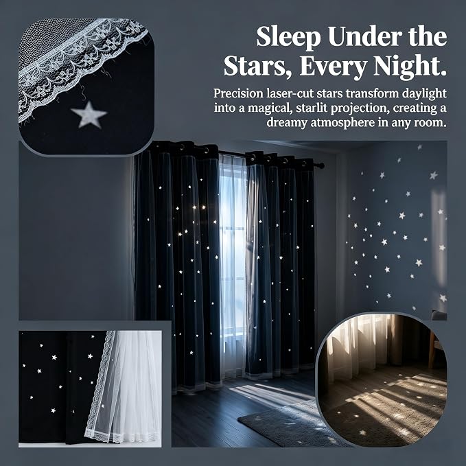 Kids Blackout Curtains for Bedroom/Living Room/Classroom, Sheer Overlay Small 2 Panel Set, Double Layer Curtains with Star Cutout for Kids Room(W 52 x L 45 Inches,Black 2 Pcs)