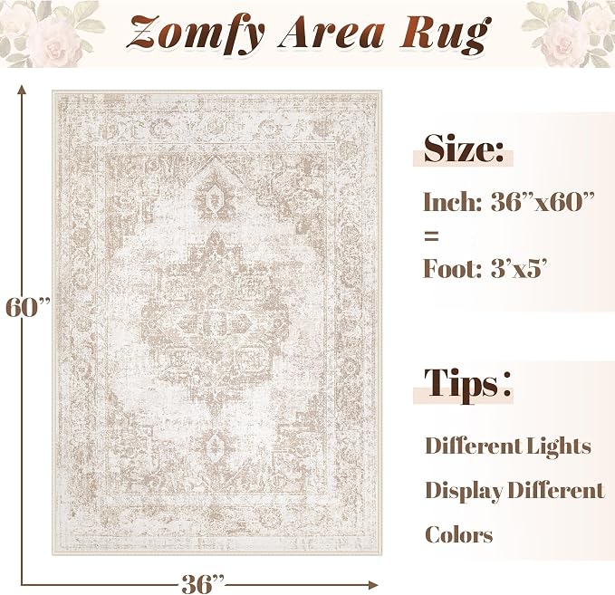 Area Rug 3x5 Vintage Rug: Washable Indoor Medallion Rug Low Pile Distressed Floor Carpet Retro Accent Doormat for Bedroom Bathroom Hallway Kitchen Home Office(Beige, 3'x5')