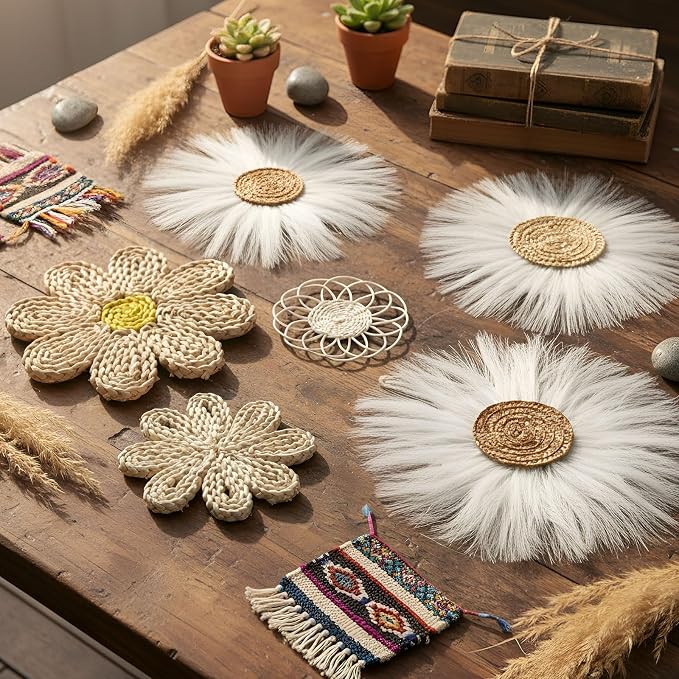Chunful 7 Pcs Boho Wall Basket Decor Rattan Flower Wall Decor Nursery Daisy Flower Woven Macrame Hanging Flowers for Baby Kids Girls Farmhouse Bedrooms Living Rooms Kitchen Home(Milky White)