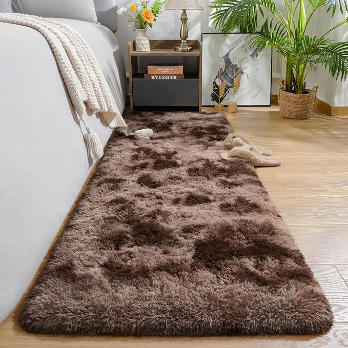 AROGAN Shag Brown 2x8 Runner Rug for Bedroom, Washable Rugs Runners with Memory Foam for Hallways, Entryway Indoor Fluffy Throw Rug for Beside Living Room Kids Girls Nursery Dorm, Coffee