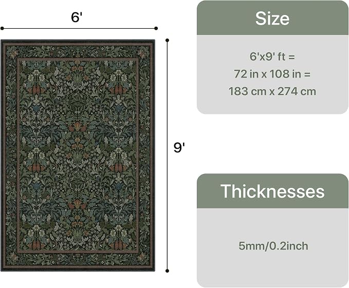 GENIMO 6x9 Washable Living Room Area Rug, Non Slip, Dark Green | Vintage Boho Floral Low Pile Thin Carpet for Bedroom, Dining Room, Nursery, Indoor Decor