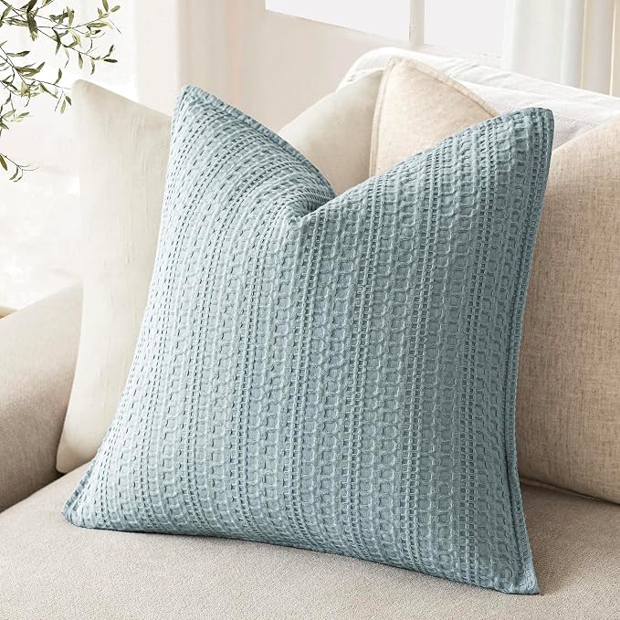 Foindtower Set of 2 Decorative Cotton Waffle Weave Throw Pillow Covers Euro Shams Cushion Covers Accent European Pillowcase for Bed Couch Sofa Bedroom Living Room Home Decor 18×18 Inch Light Blue