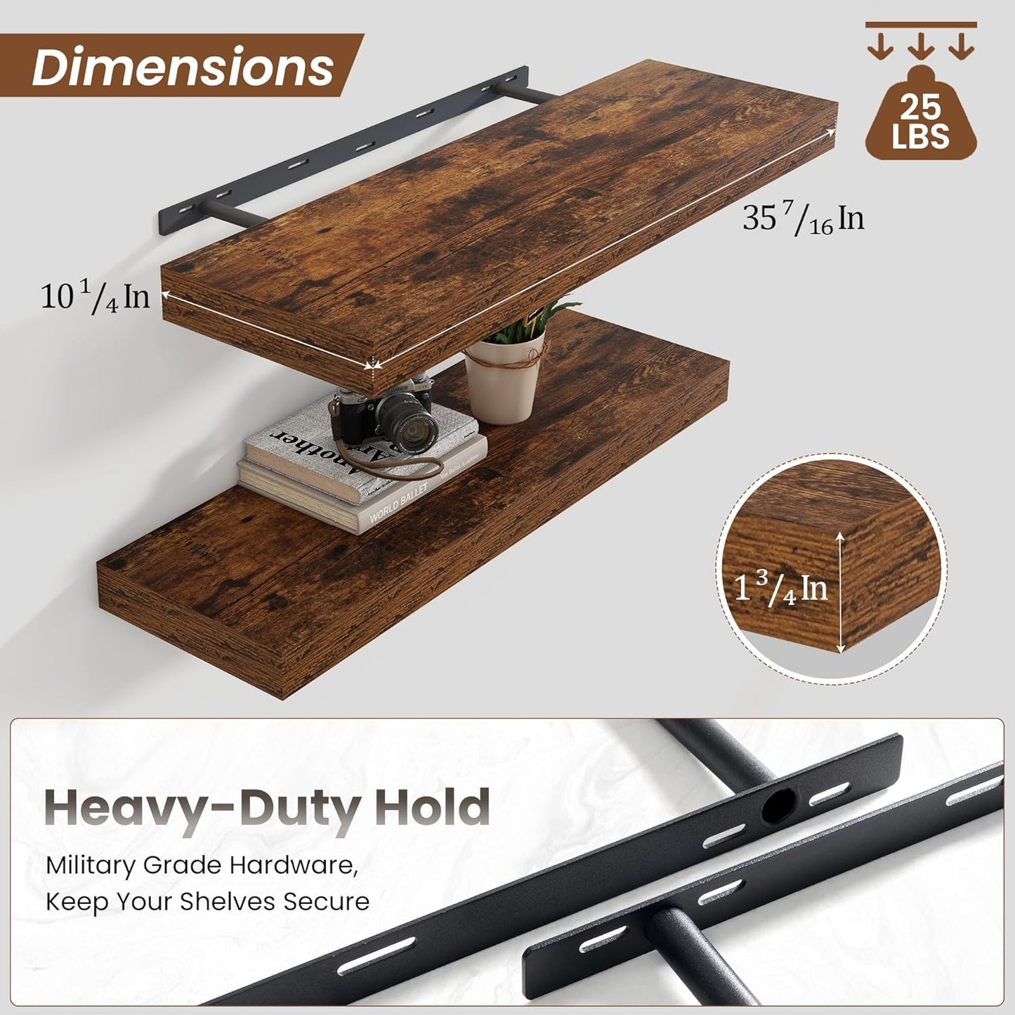 Heimlove 36 Inch Floating Shelves for Wall Set of 2,Rustic Brown Wall Shelves for Storage & Decor - Heavy Duty with Invisible Brackets,Perfect for Living Room,Bedroom,Home Office