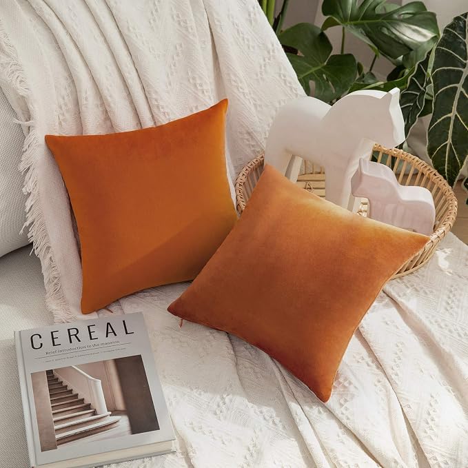 MIULEE Velvet Throw Pillow Covers 12x12 Inch, Pack of 2 - Orange, Soft Solid Small Fall Decorative Pillow Covers Modern Luxury Home Decor for Couch Chair Sofa Bedroom Livingroom Car