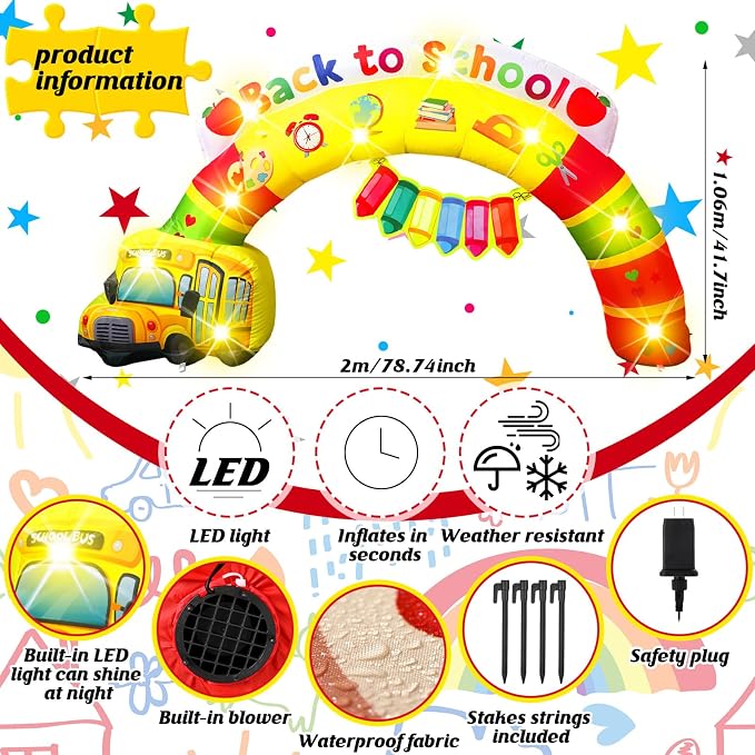 VIHOSE Back to School Inflatable Rainbow Arch, 6.5 FT Width Welcome Arch with School Bus Crayon Design,Built in LED Lights for Entrance Classroom Party
