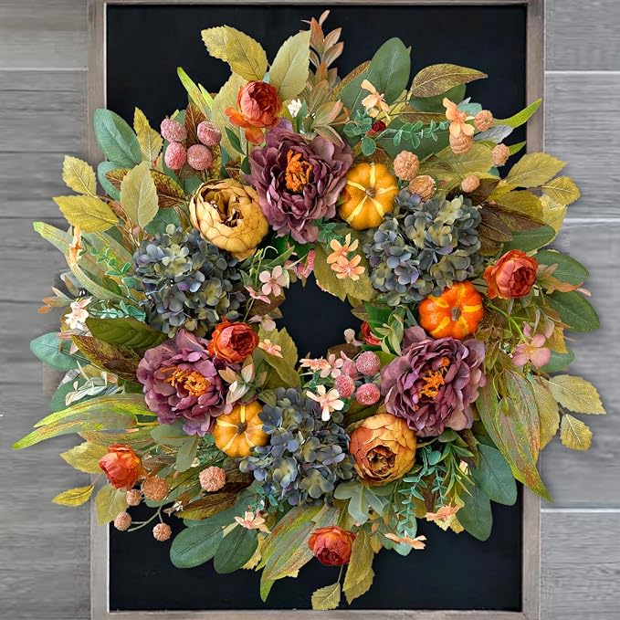 WANNA-CUL 24in Fall Front Door Wreath,Hydrangea Peony Pumpkin Harvest Decor | Twig-base Autumn wreath, Thanksgiving Farmhouse decor with storage box for reuse, indoor outdoor seasonal gift