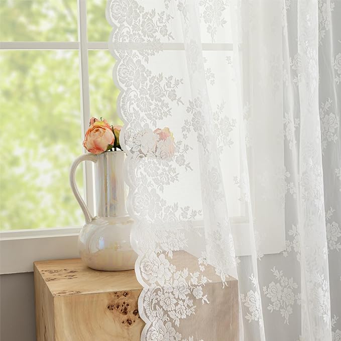 Kotile Ivory Lace Curtains 84 Inches Long 2 Panels, Country Rustic Floral Design Sheer Lace Curtains for Living Room, Rod Pocket Privacy Sheer Window Curtain, 42 x 84 Inch Each