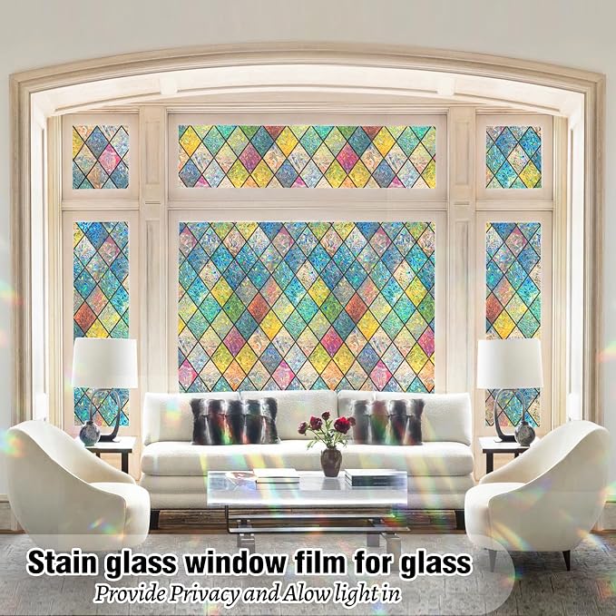 QHY Sunshine Colorful Rainbow Stained Glass Window Film Non-Adhesive Window Privacy Film Reusable Decorative for Room (Chequered Rainbow, 23.6 X 78.7 in)
