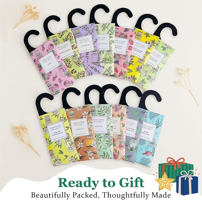 Large 12 Packs Hanging Scented Sachets Long-Lasting Closet Deodorizer Air Freshener Fabric Refresher Odor Eliminator for Drawer Home Fragrance Gift Set（6 Scents）