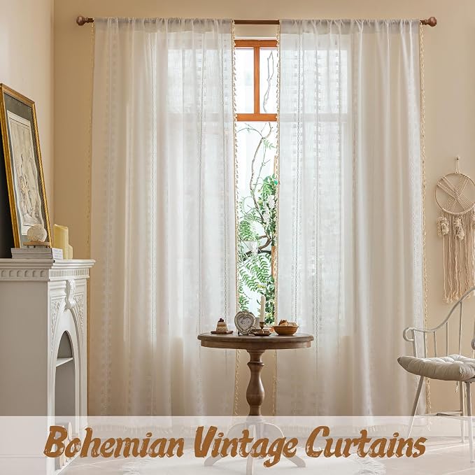 Ivory White Boho Semi Sheer Curtains 63 inch Length 2 Panel Set for Bedroom & Farmhouse, Bohemian Light Filtering Privacy Drapes Tassels Shabby Chic Embroidery Window Curtains Back Tab & Rod pocket