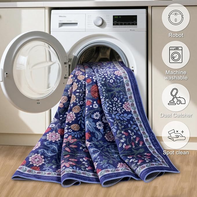 Runner Rug for Entryway: 3x10 Kitchen Rugs Non Slip Washable Ultra-Thin Soft Floral Carpet Indoor Floor Stain Resistant Carpets for Hallway Bedroom Kitchen Laundry Bathroom Dorm Blue