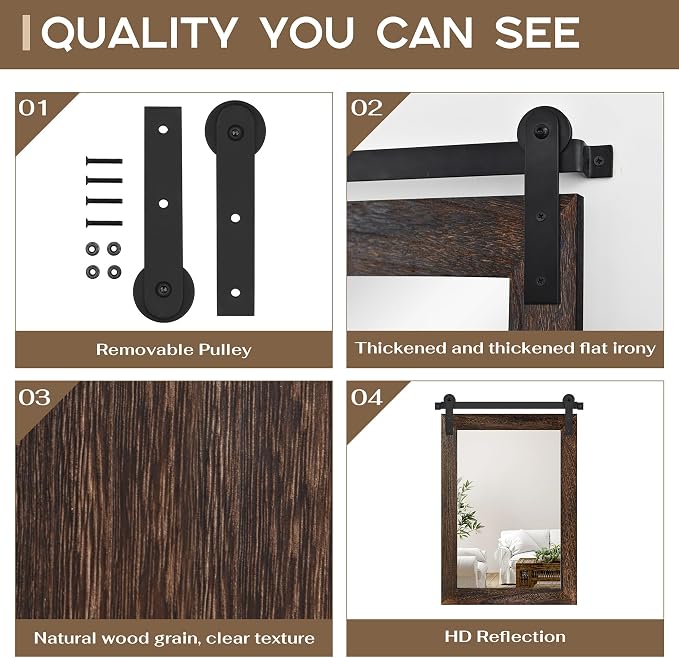 COGOOD Farmhouse Barn Door Mirror - 22" x 30" Rustic Wood Framed Wall Mirror for Bathroom, Living Room, Entryway Wall Decor (Black Brown)