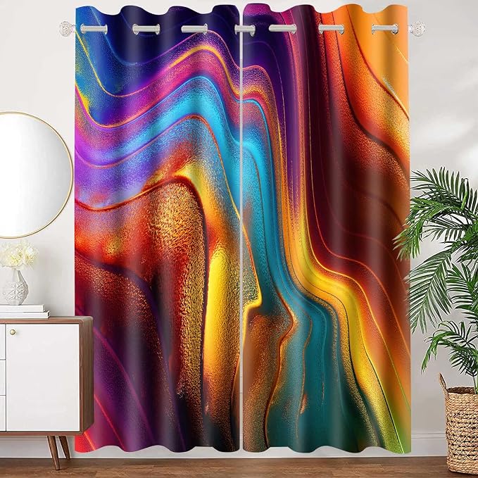 Colourful Fluid Curtains Modern Art Theme Abstract Blackout Drapes Nordic Design Stained Rainbow Glass Fluid Window Drapes for Bedroom Living Room Guest Room 2Panel 42x84inch CLOKMS0181