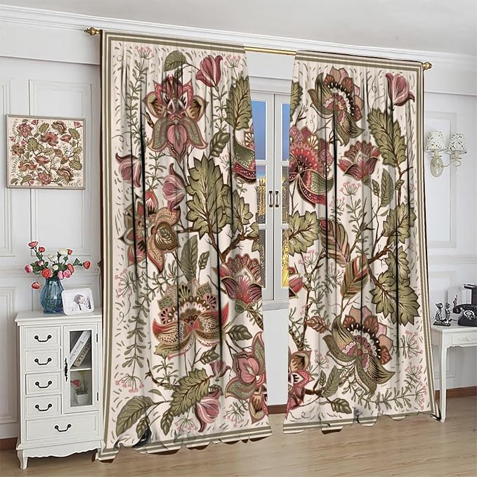 Vintage Floral Blackout Curtains, Bohemian Plant and Leaf Print, Blackout and Insulated Curtains for Bedrooms, Living Rooms, and Darkrooms42X63 Inch