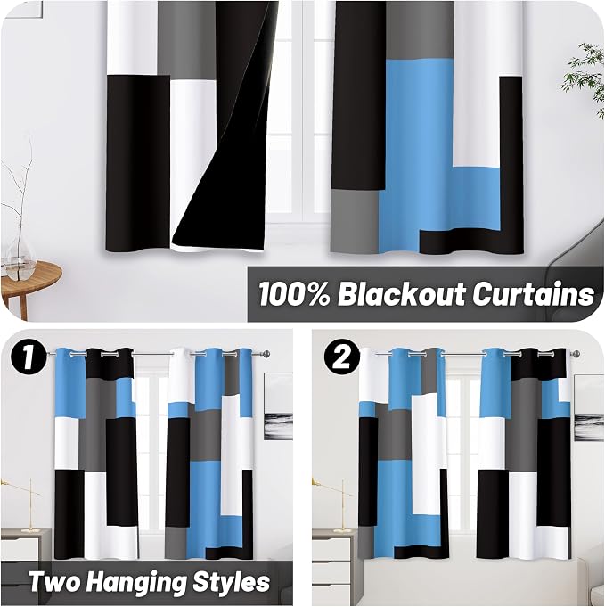Tyrot Light Blue 100% Blackout Curtains 45 inch Length 2 Panels Set White Grey Modern Abstract Geometric Drapes for Kitchen Black Out Curtains Insulated Room Darkening Small Window Curtains, 42Wx45L