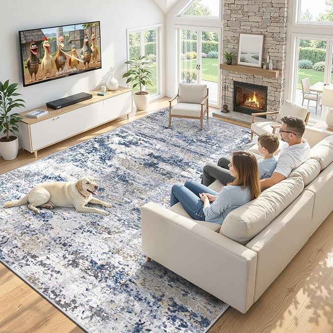 8x10 Area Rugs for Living Room: Washable Abstract Neutral Rug Large Modern Soft Non Slip Low Pile Rugs Floor Indoor Stain Resistant Carpet for Bedroom Dining Room Home Office (Blue, 8'x10')