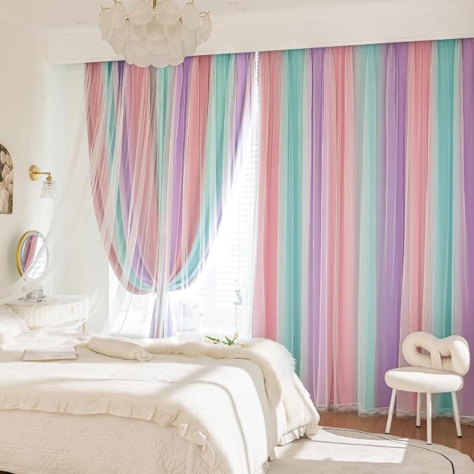 XiDi Kids Blackout Curtains with Sheer Overlay for Girl Bedroom 96 Inches Long Pink Purple Green Rainbow Princess Double Layer Curtain Thermal Insulated Room Darkening Grommet Drapes 2 Panels W52xL96