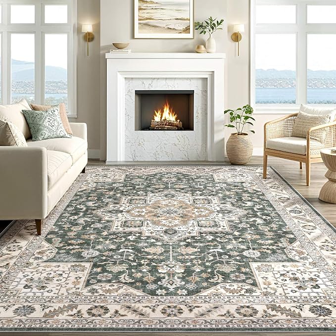 Vintage Living Room Area Rug 5x7 - Large Soft Washable Oriental Traditional Distressed Farmhouse Rugs for Bedroom - Indoor Floor Accent Carpet for Home Office House Decor - Vintage Green