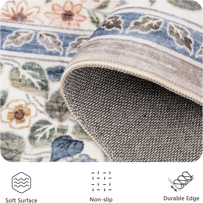 8x10 Area Rugs, Machine Washable Low Pile Floral Rugs for Living Room, Bedroom, Large Boho Area Rug with Non-Slip Backing for Dining Room(Beige Floral)