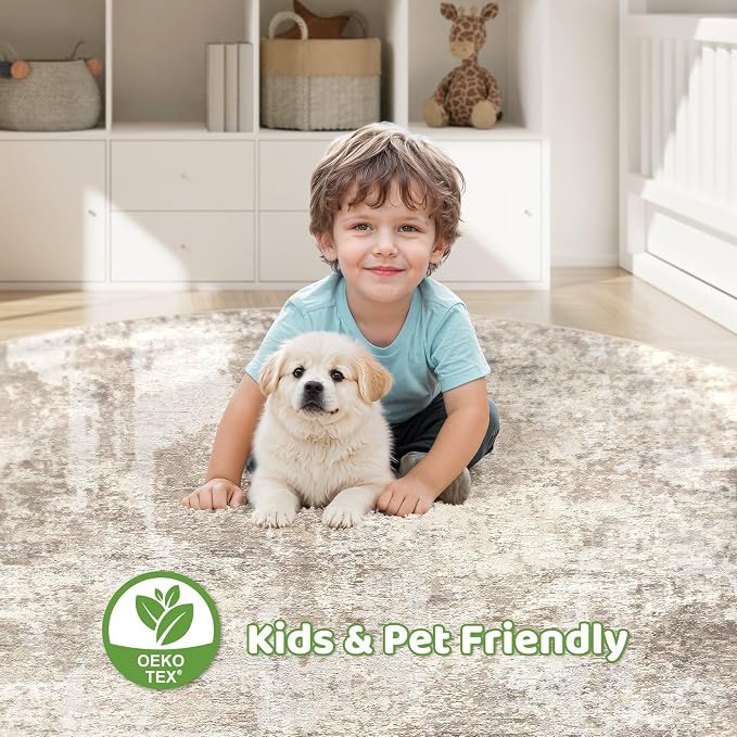 7ft Round Rug Living Room Rugs: 7x7 Washable Circle Large Abstract Modern Soft Stain Resistant Non-Slip Indoor Floor Carpet for Bedroom Nursery Office Dining Room Playroom Home House- Beige Brown