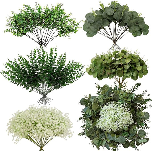150 Pcs 5 Kinds Artificial Greenery Stems Mixed Artificial Eucalyptus Wedding Bouquet Bulk Fake Eucalyptus Stems Greenery Leaves for Vase Wedding Home Table Decor DIY Bouquets (Green)