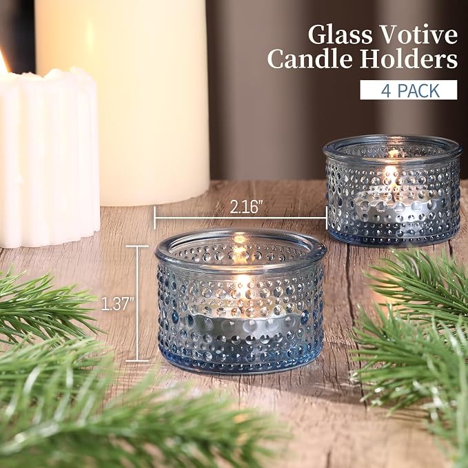 NITIME 4PCS Blue Votive Candle Holders for Wedding Decorations, Tea Lights Candle Holder for Table Centerpiece, Blue Polka Dot Glass Candle Holder for Home and Party Decoration