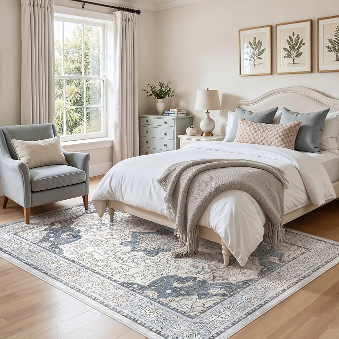 cotiled 6x9 Area Rug Machine Washable Vintage Carpet for Living Room Bedroom Soft Non-Slip Backing Floor Mat Kid & Pet Friendly Stain Resistant Light Blue