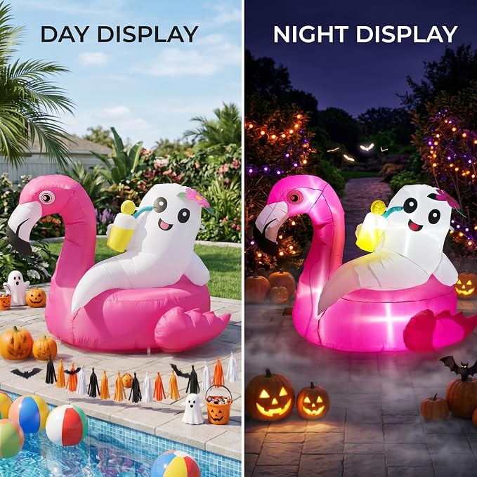 4.9FT Summerween Decorations Inflatable Ghost on Flamingo Float, Halloween Outdoor Inflatable Decor with Tropical Drink and LED Lights for Yard Lawn Garden Home, Summerween Party Decorations