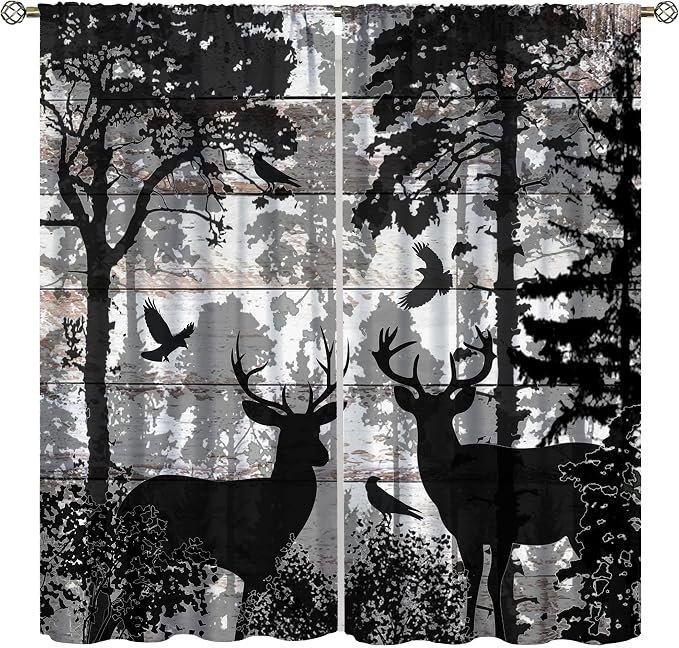 Rustic Deer Blackout Curtains for Kitchen Farmhouse Cabin Country Wild Animal Vintage Wooden Board Forest Printed Window Treatments for Farmhouse Bedroom Living Room 63x72in