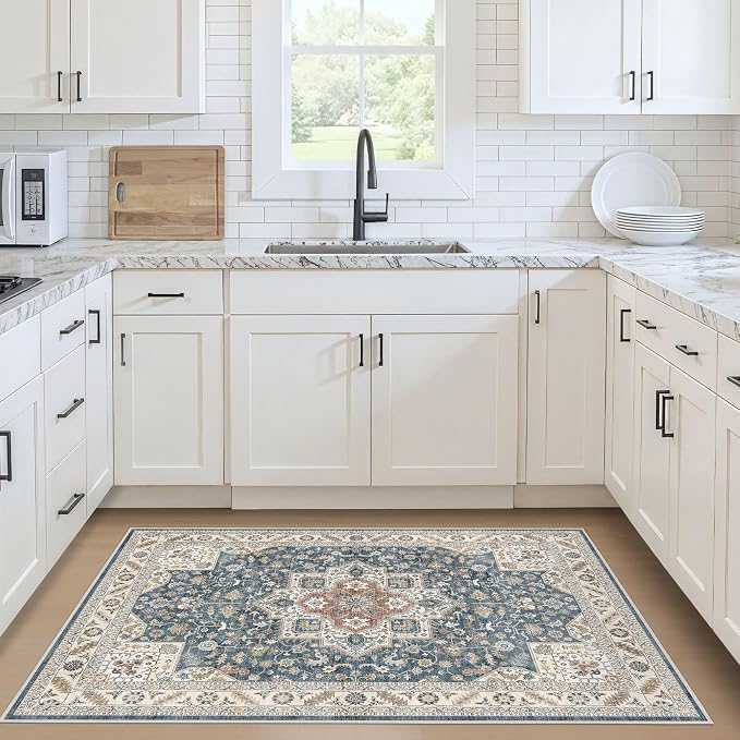 Vintage Living Room Area Rug 3x5 - Large Soft Washable Oriental Traditional Distressed Farmhouse Rugs for Bedroom - Indoor Floor Accent Carpet for Home Office House Decor - Blue