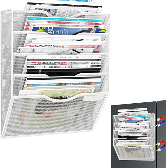 5-Tier Magnetic File Organizer, No Drilling Installation, White Magnetic Paper Holder, Magazine Rack for Refrigerator and File Cabinets