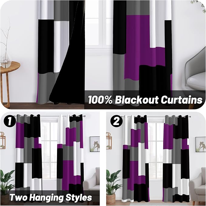 Tyrot Purple 100% Blackout Curtains for Bedroom 63 inch Length 2 Panels Set Black Grey Modern Abstract Geometric Black Out Curtains Insulated Room Darkening Window Drapes for Living Room, 52Wx63L