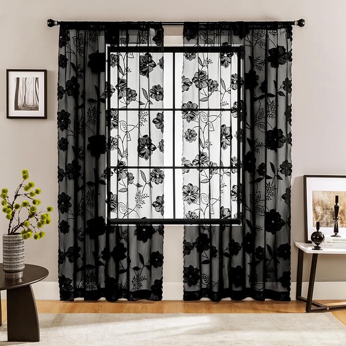 Treatmentex Black Lace Curtains for Bedroom Living Room 90 inch Length Vintage Rose Floral Embroidered Sheer Curtain Panels with Scalloped Edge 54" w 2pcs