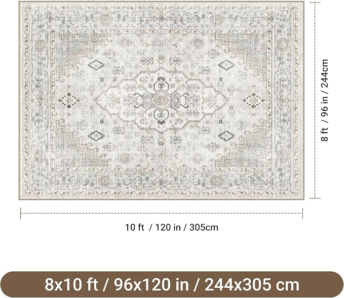 befbee 8x10 Area Rugs for Living Rooms, Stain Resistant Neutral Washable Rugs for Dining Rooms, Floral Vintage Non-Slip Thin Large Size Area Rug(Light Grey)