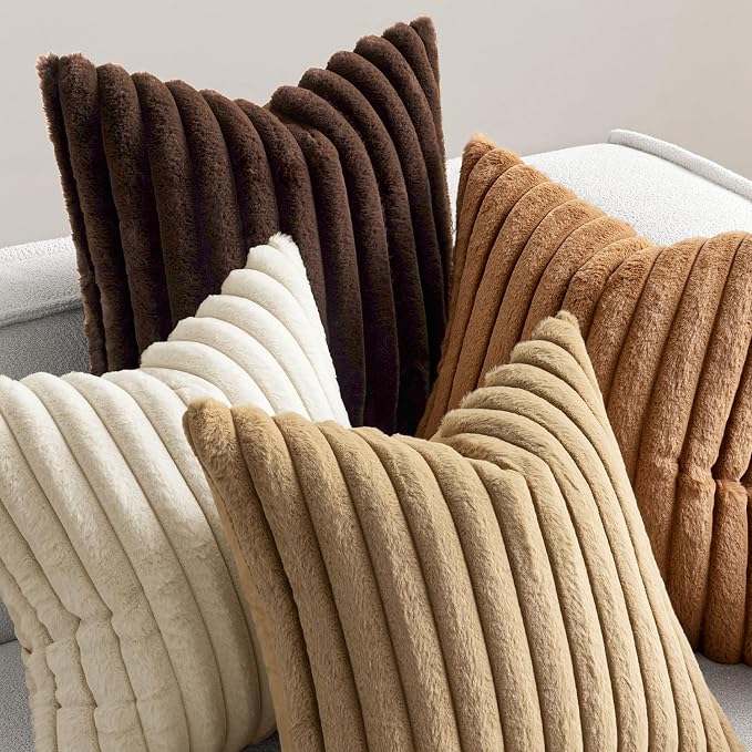 MIULEE Faux Fur Plush Decorative Throw Pillow Covers 20x20 Set of 4, Boho Fall Farmhouse Soft Fuzzy Striped Cushion Covers for Sofa Couch Bed Living Room Vintage Rustic Home Decor,Brown