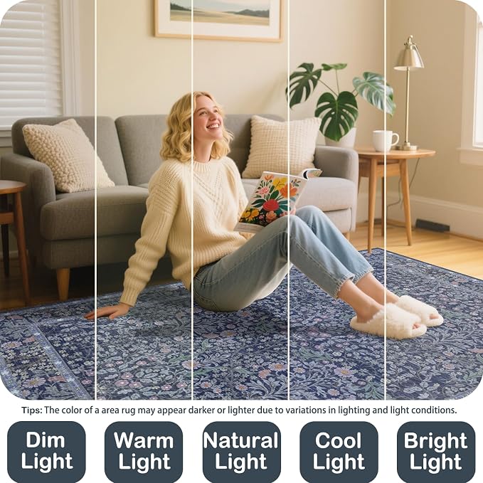 Washable 2'6" x 10' Runners for Hallways, Non Slip Long Floor Runner for Kitchen, Entryway Indoor, Stain Resistant Rubber Backing Floral Decor Rug (Blue)