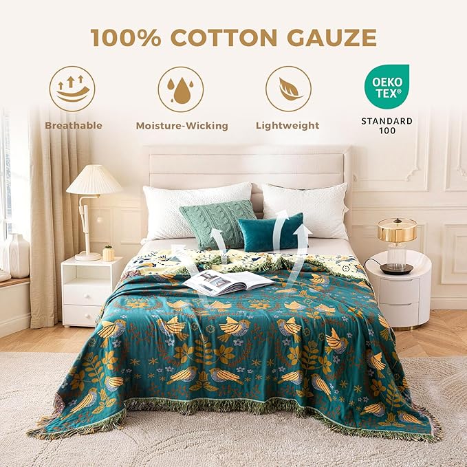 Queen Throw Blanket for Bed 100% Cotton Boho Soft Quilt Birds and Floral Double Embroidery Spring Breathable Bed Blanket,90"x90" Lightweight All Season Blankets for Bedding Couch Home Decor