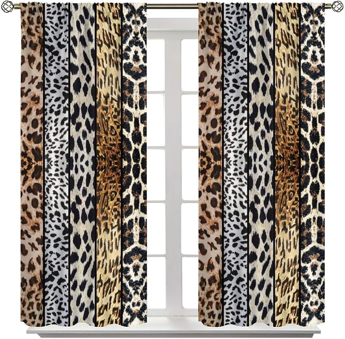 Leopard Print Blackout Curtain, Rustic Wild Animal Skin Farmhouse Fur Leopard Print Drapes, Window Treatments Rod Pocket 2 Panels Curtains for Kitchen Living Room Bedroom Cafe Decor 42"W X 63"L
