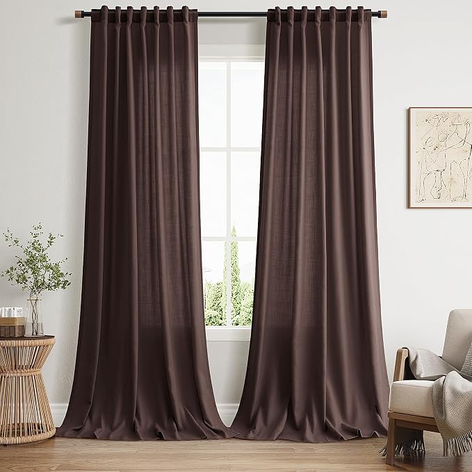 Coffee Brown Linen Curtains for Living Room 100 Inches Long Light Filtering Semi Sheer Curtain Back Tab Luxury Modern Rustic Home Decor Neutral Drapes for Bedroom Dinner Room 52x100, 2 Panels
