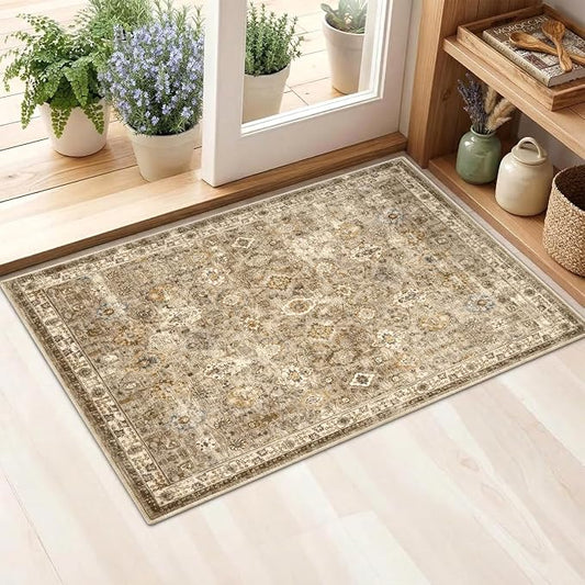 2x3 Rug for Entryway Hallway-Vintage Farmhouse Boho Floral Neutral Washable Stain Resistant Indoor Rugs for Home Decor(Brown&Gold)