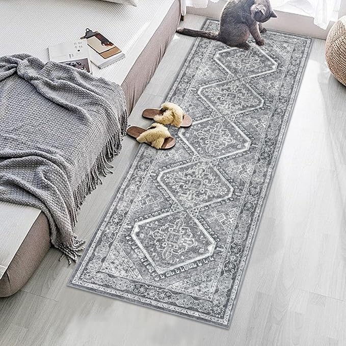 KUTA Oriental Washable Runner Rug, 2x5 Runners Non-Slip Vintage Grey 5ft Hallway Kitchen Rugs Ultra Soft Printed Distressed Tribal Farmhouse Carpet for Bedroom Entryway Decor