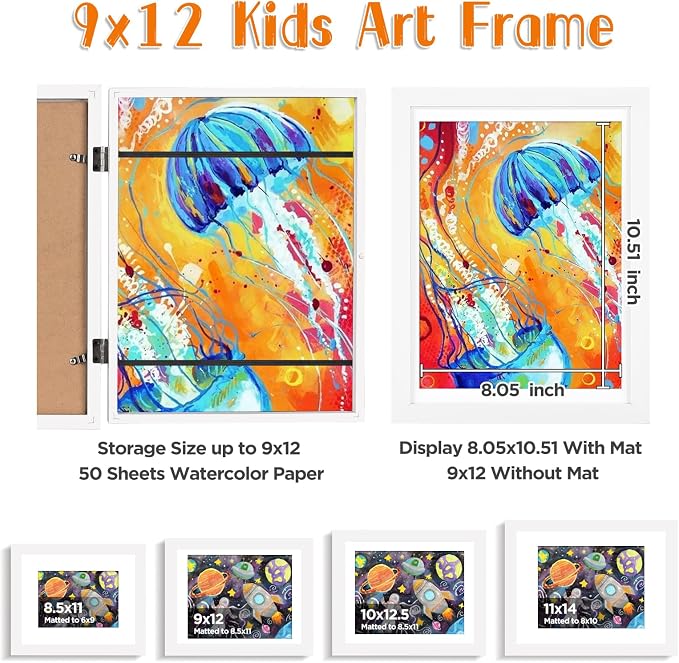 KINLINK 9x12 Kids Art Frame 2 Pack, Solid Wood Artwork Frames Changeable, Front Opening Hold 150 Pictures, Art Frames for Kids Artwork, 8.5x11 with Mat 9x12 without Mat, Picture Frames White